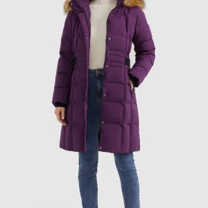 Solid Faux Fur Trim Hood Puffer Down Coat