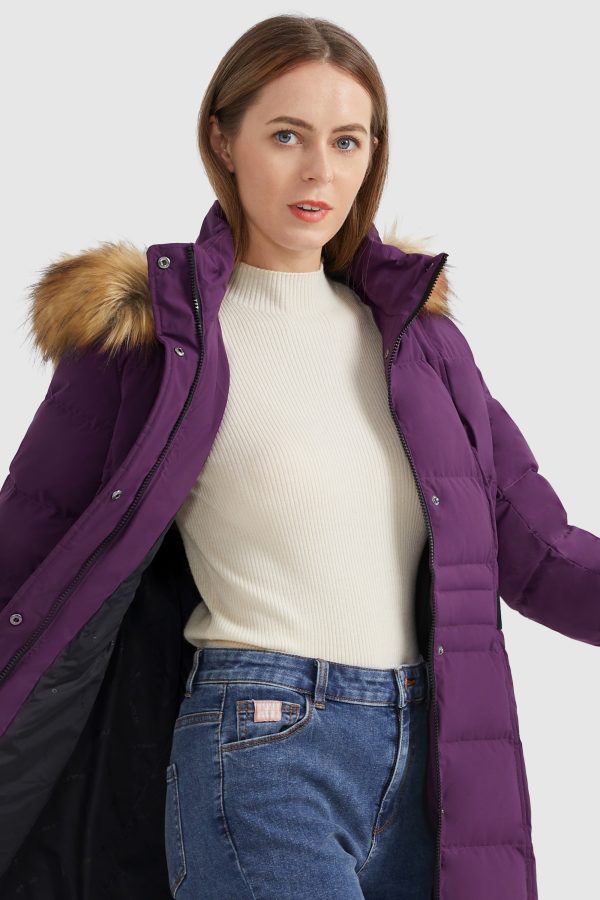 Solid Faux Fur Trim Hood Puffer Down Coat - Image 4