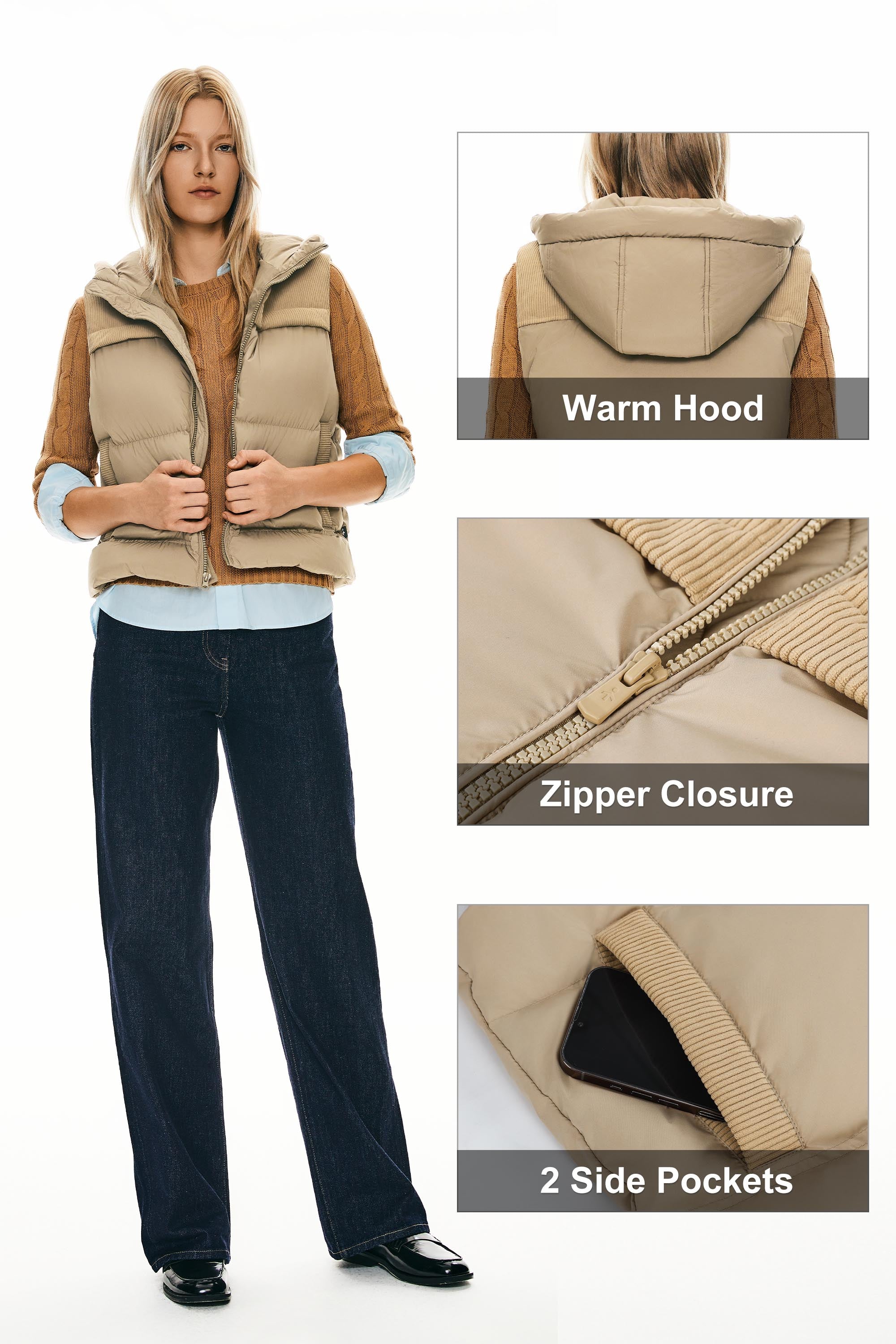 Hooded Puffer Down Vest Cropped Zip Up Lightweight - Image 9