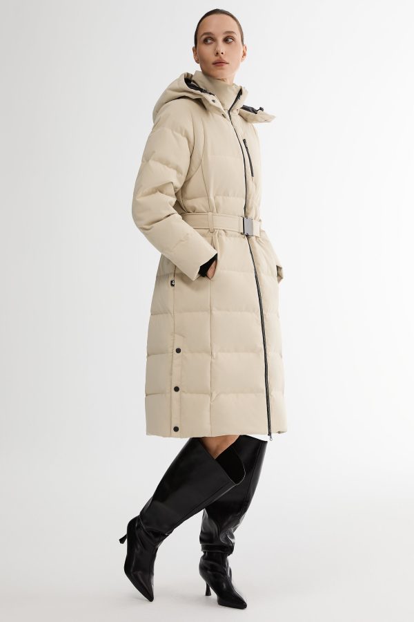 Celeste Long Hooded Belted Down Coat - Image 9